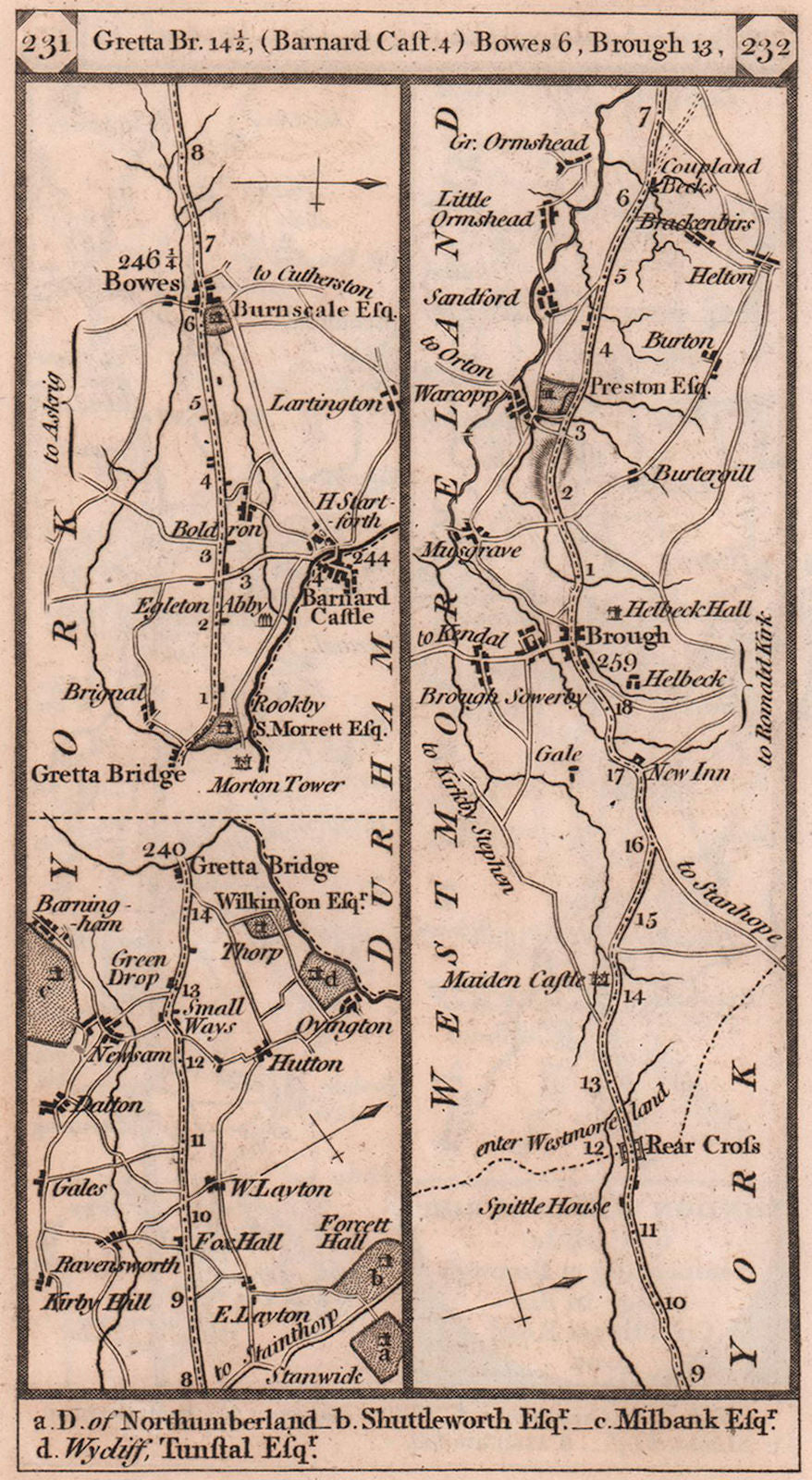 Greta Bridge-Barnard Castle-Bowes-Warcop road strip map PATERSON 1803 old